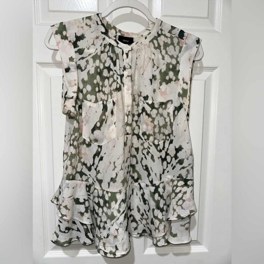 Mossimo Medium Short Sleeve Blouse Tiered Ruffle Hem Abstract Ivory Multi EUC